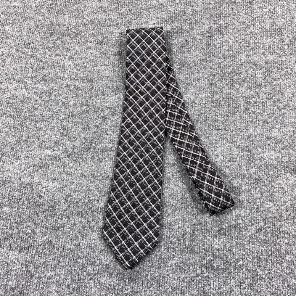 Michael Kors Tie Mens One Size Black Plaid 100% Silk Polyester Woven Necktie